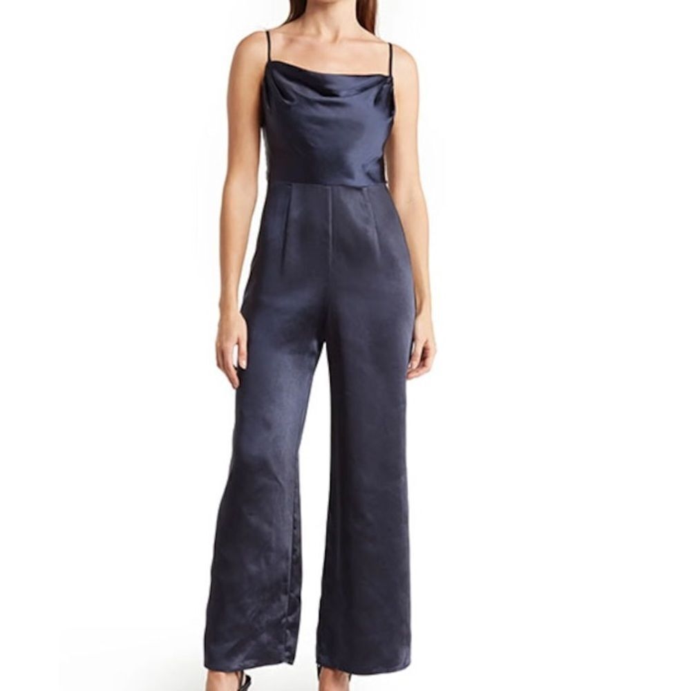 Lush Nordstrom polyester satin adjustable strap lined bodice jumpsuit navy blue